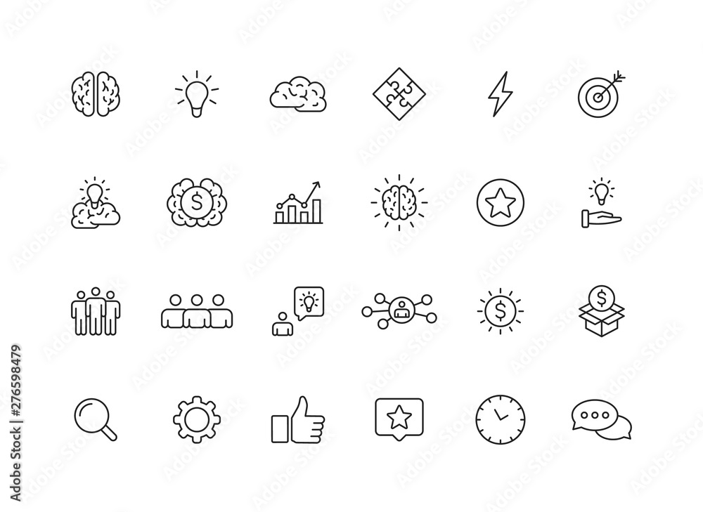 Poster set of 24 creativity and idea web icons in line style. creativity, finding solution, brainstorming, 