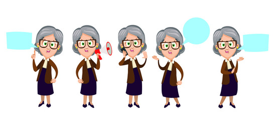 Cartoon set with cute speaking senior woman. Smiling granny keeping megaphone, cellphone, smartphone. Blue round and square speech bubbles. Vector cartoon clip art isolate on white background.