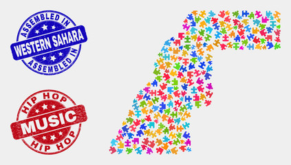 Assemble Western Sahara map and blue Assembled stamp, and Hip Hop Music textured stamp. Colorful vector Western Sahara map mosaic of puzzle parts. Red round Hip Hop Music stamp.