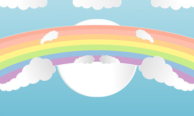Obraz premium Summer colorful Clouds and Rainbow paper art cut style. Design vector illustration concept with Season summer on sky clear background
