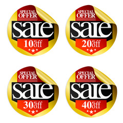 Gold sale stickers with red ribbon 10,20,30,40 percent off.Vector illustration