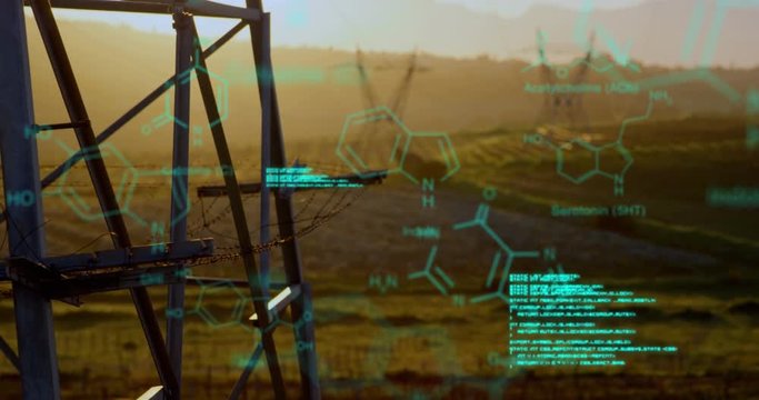 Chemical structures with program codes and a background of transmission towers