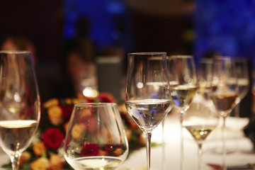 Close up of water glass in a row; Burj AI Arab;Dubai; United Arab Emirates