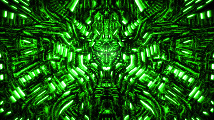 Cyber wall with bas-relief and protruding robot head. Green color.