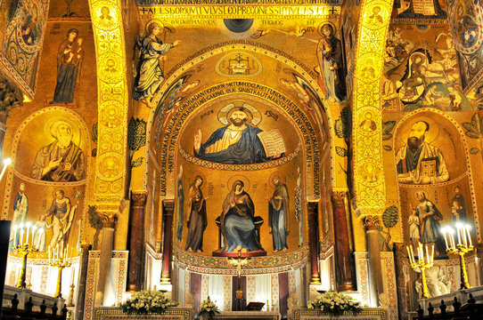 Golden mosaic in La Martorana church in Palermo Italy.