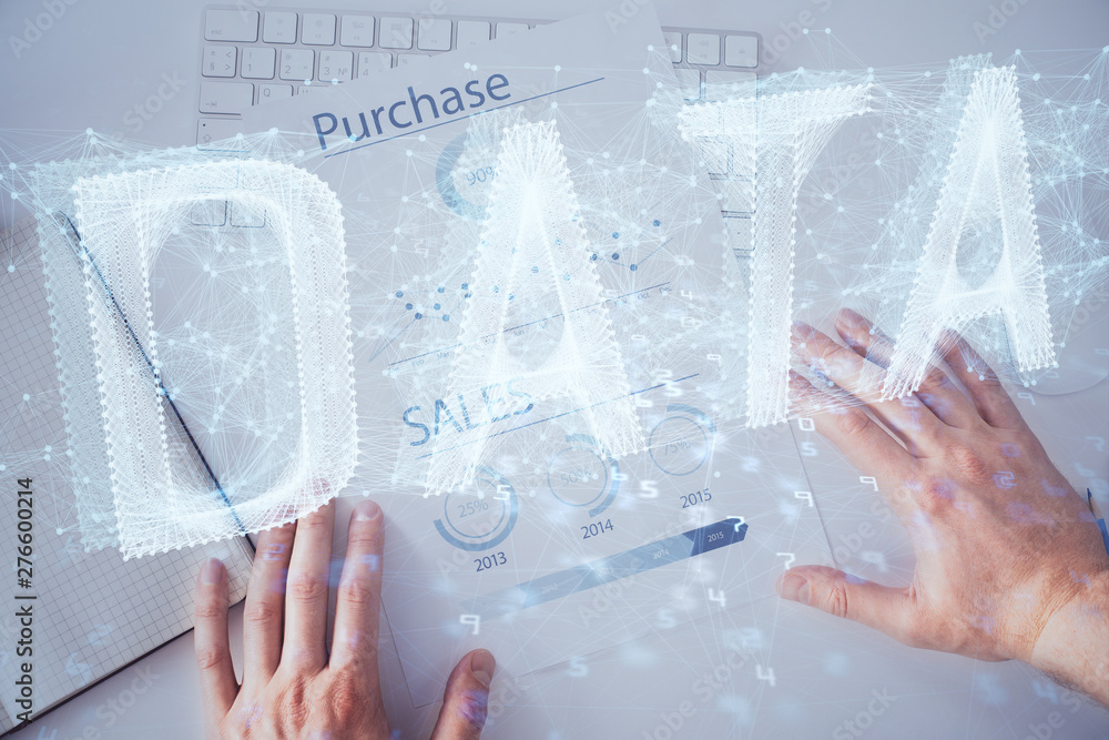 Poster man hands with data theme double exposure icons.