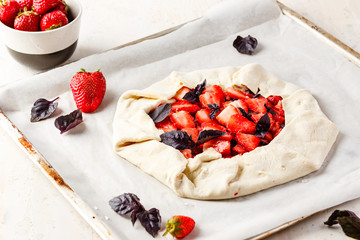Summer strawberry pie cake galette. Top view
