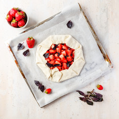 Summer strawberry pie cake galette. Top view