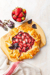 Summer strawberry pie cake galette. Top view