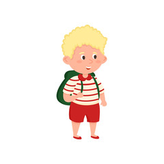 Blonde hair school boy with red shorts and striped tshirt
