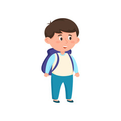 Funny smiling school boy with blue backpack and pants