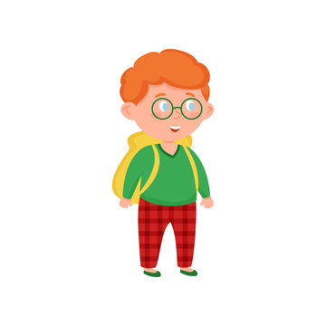 Red hair school kid with yellow backpack and green sweater