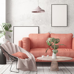 Scandinavian style interior with sofa.  3d render
