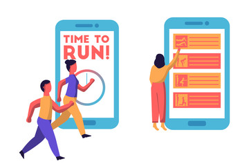 Man and woman running with the giant smartphone in the background saying time to run. Planning sport activities online. Flat vector illustration