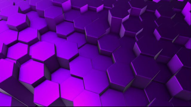 Abstract hexagonal geometric surface loop: a violet bright minimal hexagonal grid pattern, random fluctuation of the canvas motion background in purely architectural white color of the walls