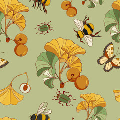 seamless Botanical fill with Ginkgo biloba, bumblebee, beetle and butterfly elements