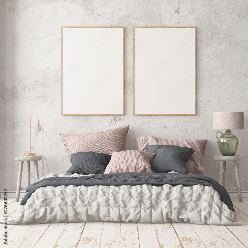 Wall mural Mockup bedroom interior in the Scandinavian style. 3d render. Mockup poster