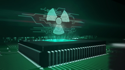 CPU on board with nucelar danger symbol hologram