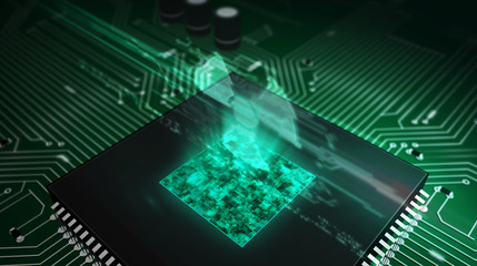 CPU on board with nucelar danger symbol hologram