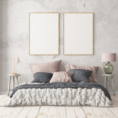 Mockup bedroom interior in the Scandinavian style. 3d render. Mockup poster