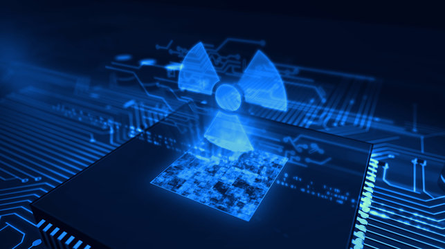 CPU on board with nucelar danger symbol hologram