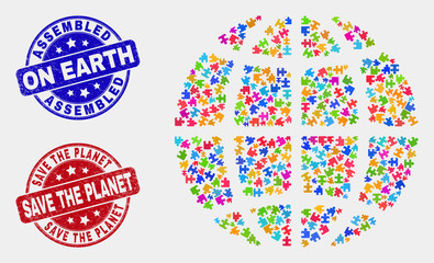 Bundle planet globe and blue Assembled seal, and Save the Planet grunge seal. Bright vector planet globe mosaic of bundle modules. Red rounded Save the Planet rubber.
