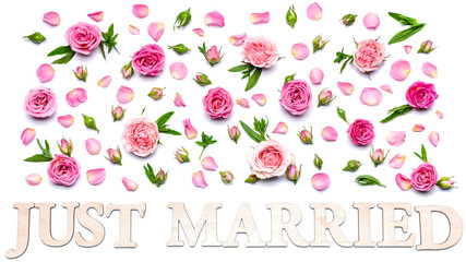 Floral wedding pattern on a white background. Petals, flowers and buds of roses. Blank greeting card or wedding invitation. Word: Just married