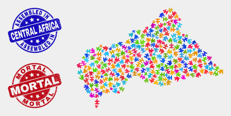 Component Central African Republic map and blue Assembled seal stamp, and Mortal distress seal stamp. Colorful vector Central African Republic map mosaic of puzzle modules. Red rounded Mortal stamp.