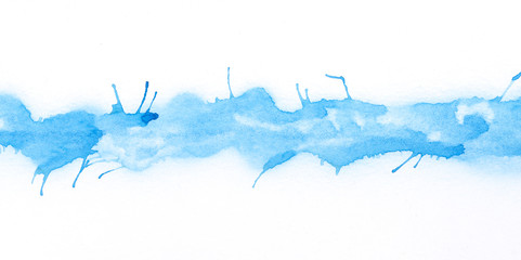 paint stain stripe, blue with edges with droplets of paint with smudges. watercolor