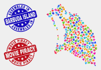 Assemble Barbuda Island map and blue Assembled seal stamp, and Movie Piracy distress seal stamp. Colored vector Barbuda Island map mosaic of plug-in bricks. Red round Movie Piracy seal.