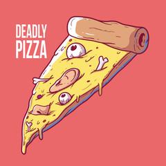 Pizza Slice with body parts vector illustration. Fast food, pizza, horror, advertising design concept