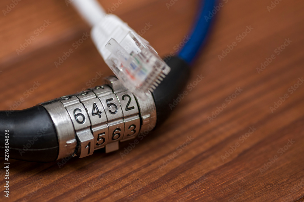 Poster computer internet cable and lock, internet security concept. network and data protection concept wit