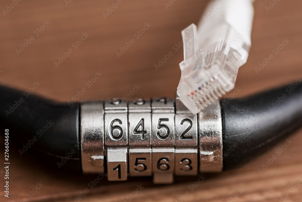 Poster computer internet cable and lock, internet security concept. network and data protection concept wit