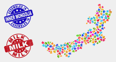 Assemble Inner Mongolia map and blue Assembled seal stamp, and Milk grunge seal stamp. Colorful vector Inner Mongolia map mosaic of puzzle bricks. Red round Milk stamp.