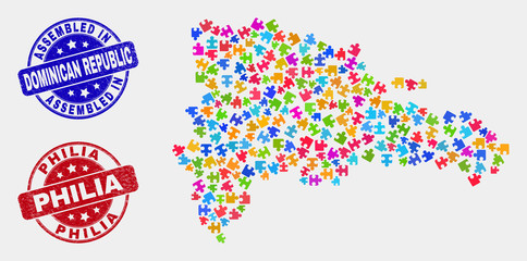 Constructor Dominican Republic map and blue Assembled watermark, and Philia scratched seal stamp. Colorful vector Dominican Republic map mosaic of bundle items. Red rounded Philia stamp.