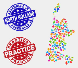 Module North Holland map and blue Assembled seal, and Practice textured seal stamp. Colorful vector North Holland map mosaic of puzzle components. Red round Practice seal.