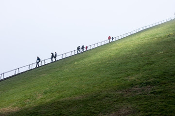 Fototapeta na wymiar Personnes montant un escalier sur une pente d'herbe