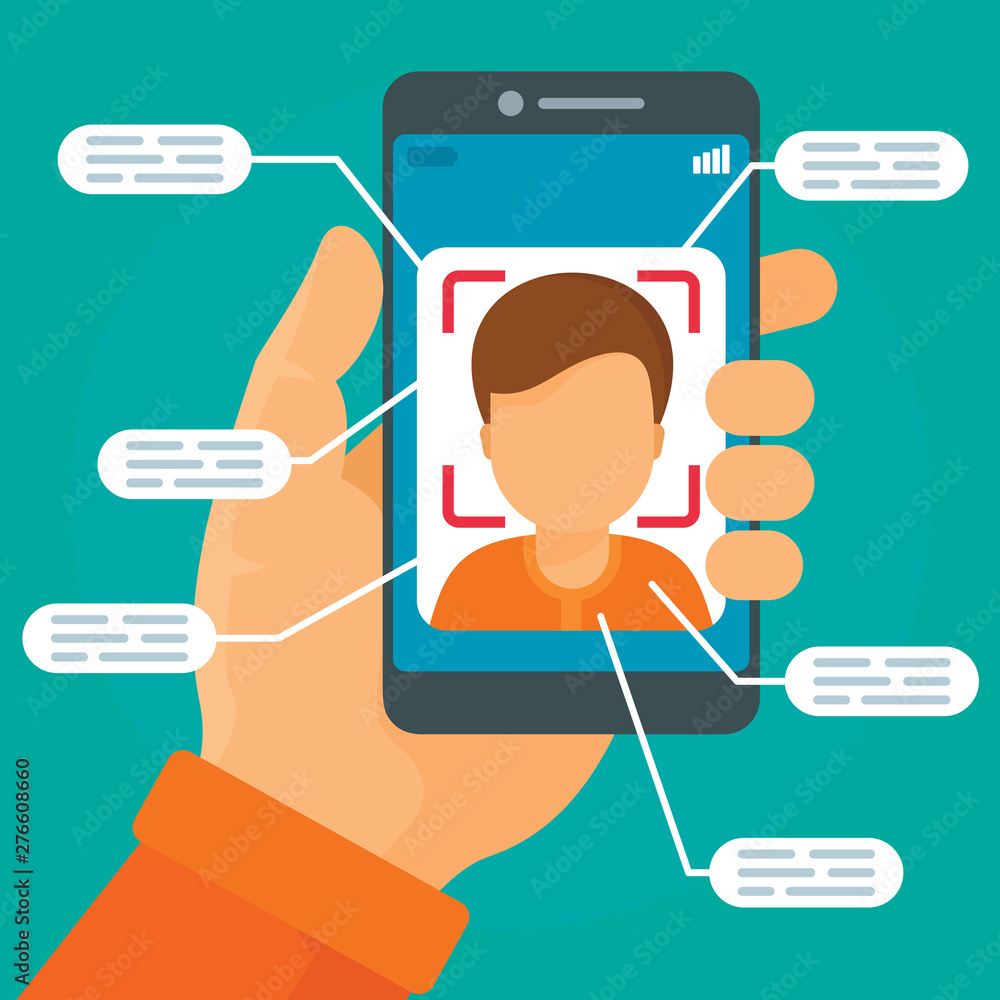 Poster face recognition system concept background. flat illustration of face recognition system vector conc