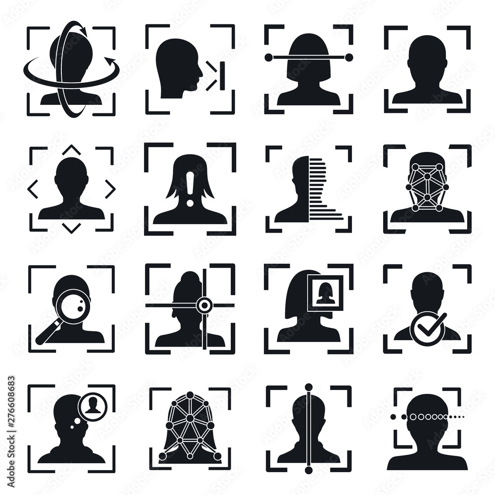 Poster face recognition system id icons set. simple set of face recognition system id vector icons for web 