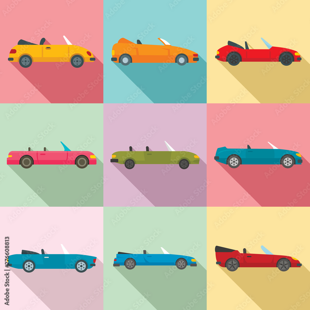 Poster cabriolet icons set. flat set of cabriolet vector icons for web design