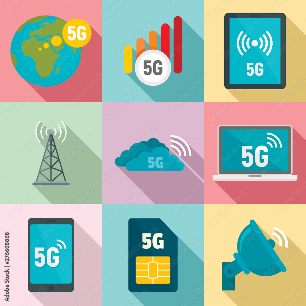 Poster 5g technology icons set. flat set of 5g technology vector icons for web design