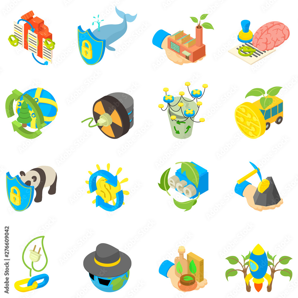 Poster eco data icons set. isometric set of 16 eco data vector icons for web isolated on white background