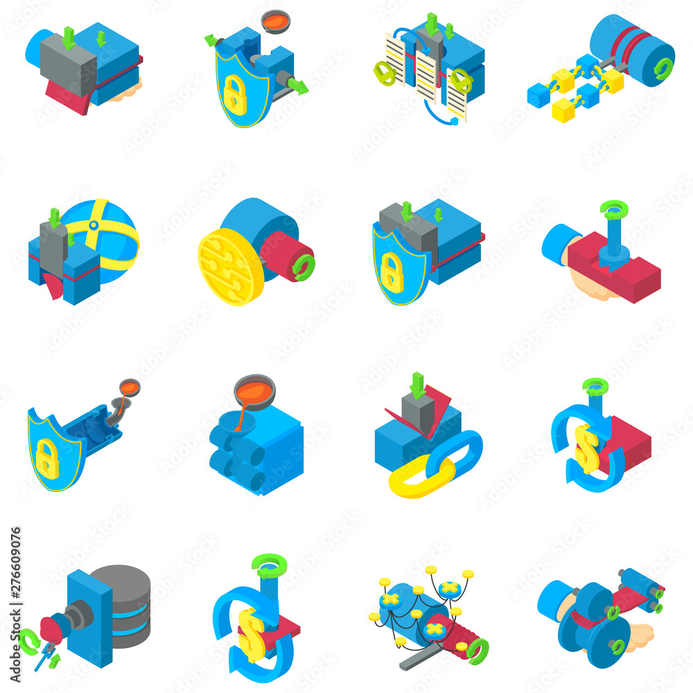 Poster cyber mining icons set. isometric set of 16 cyber mining vector icons for web isolated on white back