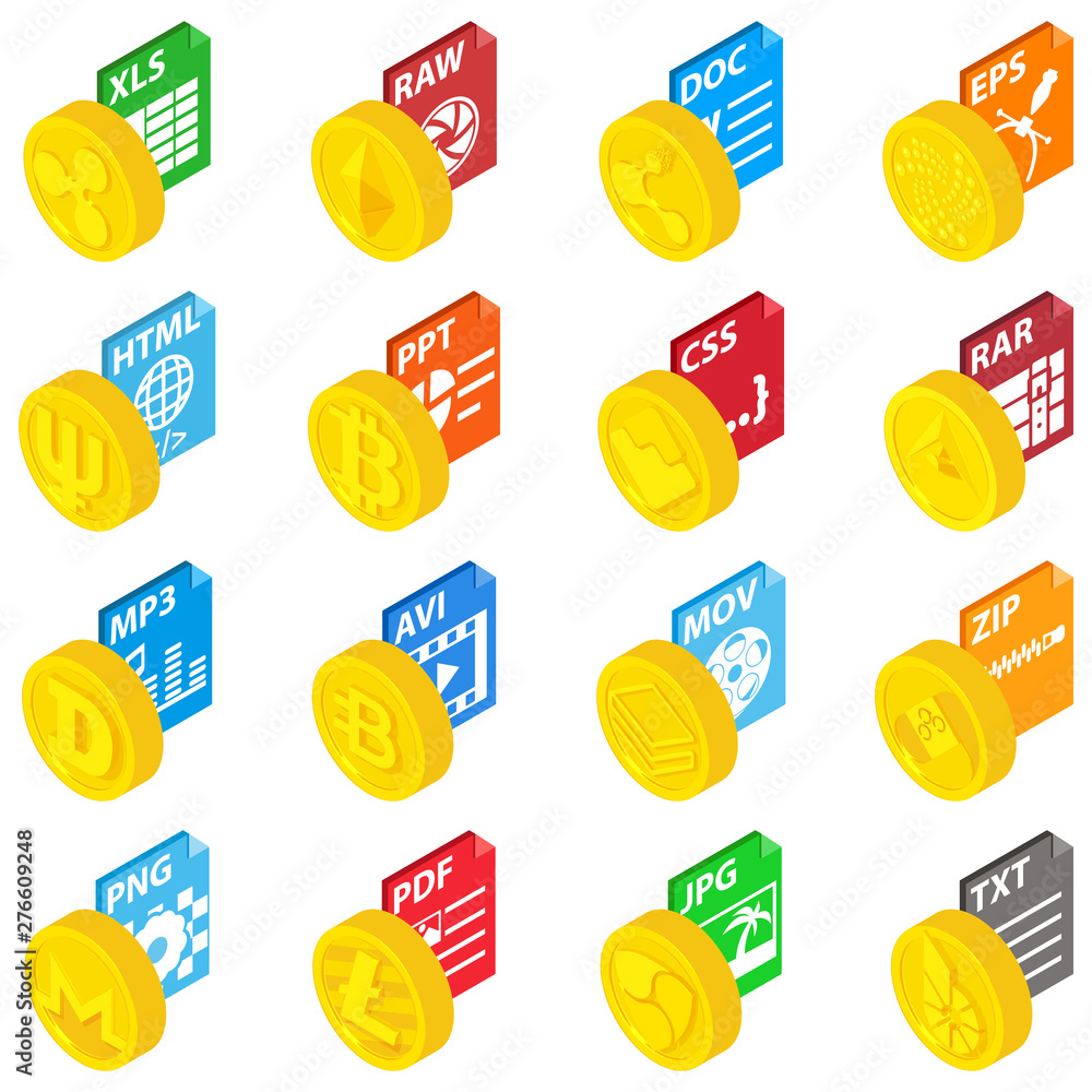 Poster expansion coin icons set. isometric set of 16 expansion coin vector icons for web isolated on white 