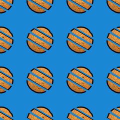 Abstract seamless repeating pattern of oatmeal cookies on blue background
