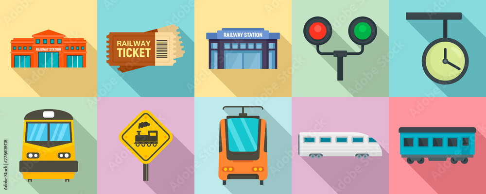 Poster railway station icons set. flat set of railway station vector icons for web design