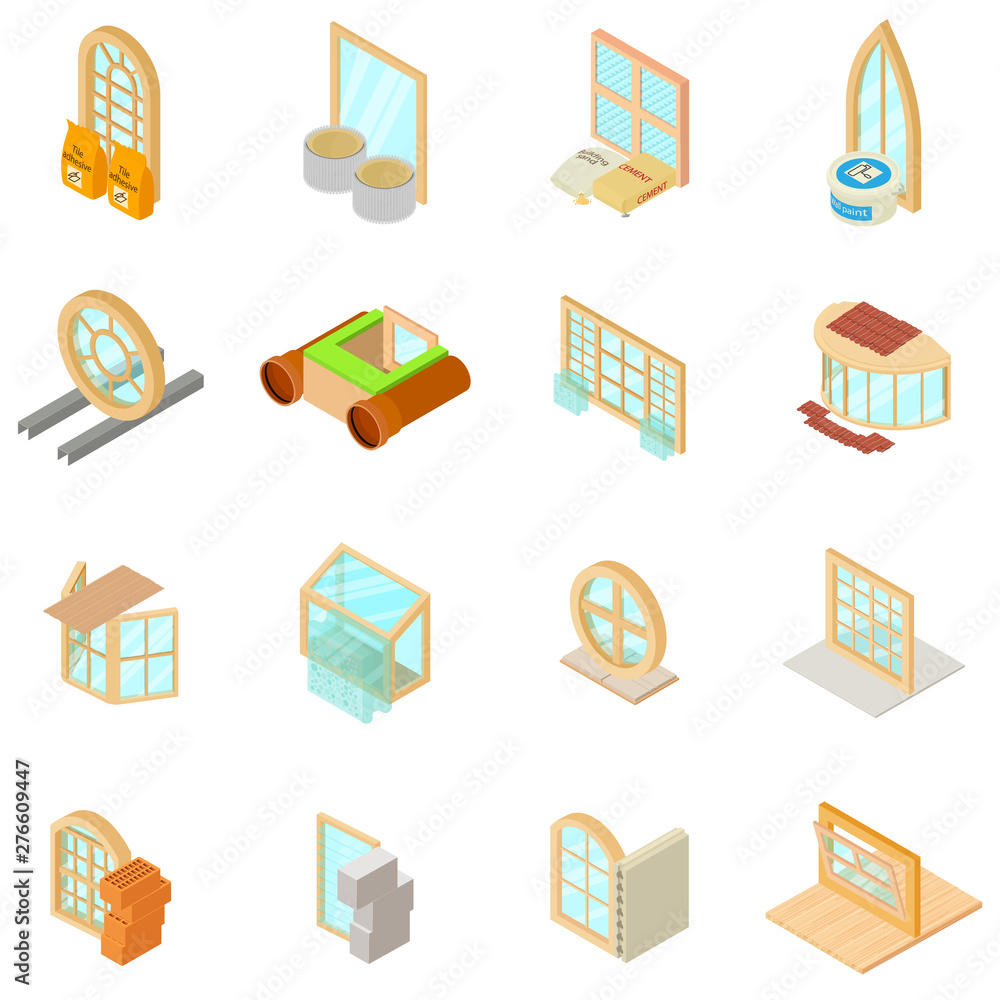 Poster window material icons set. isometric set of 16 window material vector icons for web isolated on whit