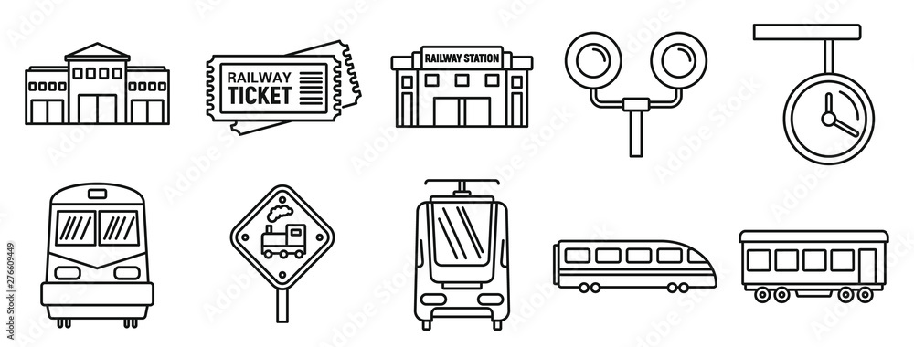 Poster railway train station icons set. outline set of railway train station vector icons for web design is