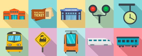 Railway station icons set. Flat set of railway station vector icons for web design