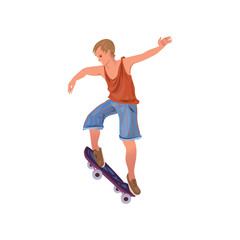 Fototapeta na wymiar Cute young boy in summer shorts riding skateboard